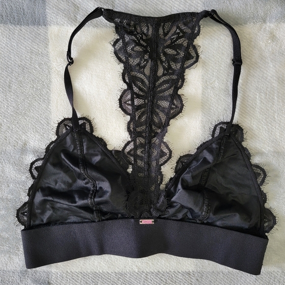 PINK Victoria's Secret Eyelash Lace Triangle Bralette Black Racerback Size Small - Picture 2 of 9